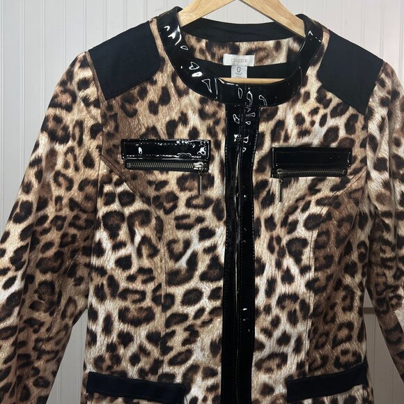 Chico's Leopard Print Jacket Faux Patent Leather Trim Animal Print Coat Small - Picture 1 of 9